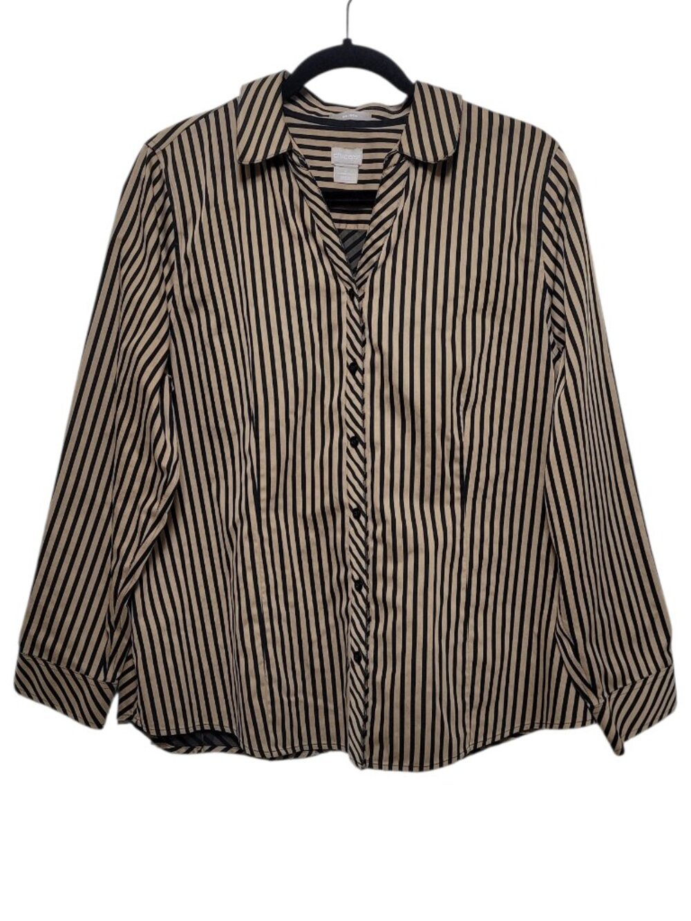 Chico’s Womens No Iron Striped Button Down Blouse Tan Black Size 2 Coastal Chic